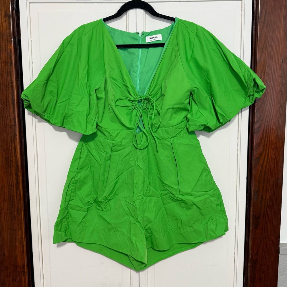 Showpo Bright Green Puff Sleeve V-Neck Romper Size 12